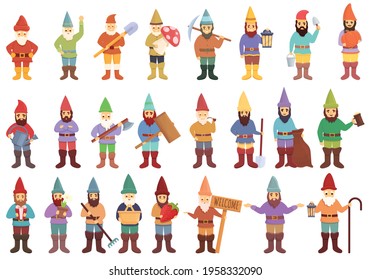 Garden gnome icons set. Cartoon set of garden gnome vector icons for web design