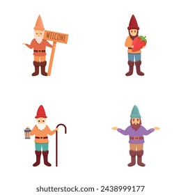 Garden gnome icons set cartoon vector. Funny garden decoration gnome. Fairytale character