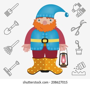 Garden gnome and garden icons set, isolated black on white