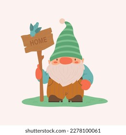 Garden gnome illustration. Cute gnome or dwarf holding banner with home inscription and bird. Cartoon fairytale characters. Flat vector art for childish poster, card, spring design, nursery artwork