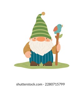 Garden gnome illustration. Cute gnome or dwarf holding stick and bird on a lawn isolated on white background. Cartoon fairytale character. Flat vector art for childish poster, card, nursery design