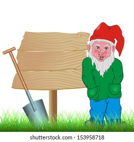 garden gnome in a meadow with shovel