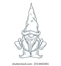 Garden gnome monochrome vintage sticker with Christmas little Santa Claus servant showing thumbs up congratulations happy new year vector illustration