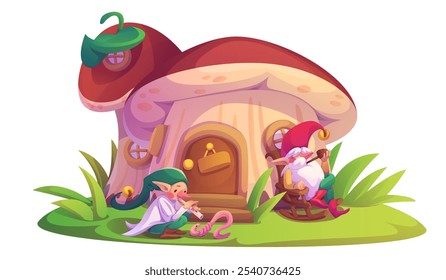 Garden gnome mushroom house for cartoon fairytale. Dwarf or elf fantasy vegetable home building for game. Funny mascot with beard near wood door. Little old fanciful hobbit in red cap design