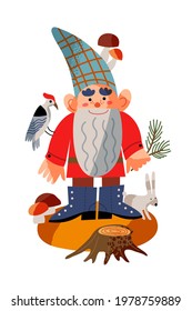 Garden gnome with mushrooms, bird and rabbit. Funny little dwarf statue with beard vector illustration. Male midget in hat, costume, boots standing and smiling in forest on white background.