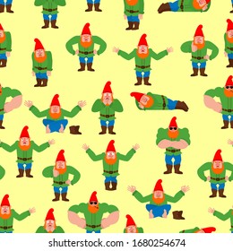 Garden gnome pattern seamless. dwarf background. Vector ornament. Baby fabric texture