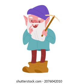Garden gnome with a pickaxe. Vector illustration in cartoon style. Isolated on a white background.