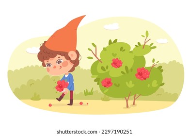 Garden gnome picking cranberry fruit from green bush in summer forest vector illustration. Cartoon happy elf boy in hat carrying berry delicious harvest, fairy tale character harvesting in woods