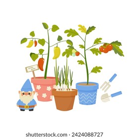 Garden gnome, plant spring planting concept in cartoon style for card, print, sticker, postcard. 