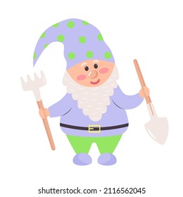 Garden gnome with a rake and a shovel. Cartoon cute character. Spring and gardening concept. Vector illustration.