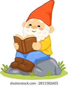 Garden gnome reading a book while sitting on a rock, perfect for library posters, bedtime stories