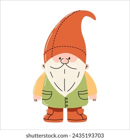 Garden gnome in red hat and vest isolated on white background