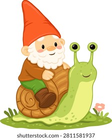 Garden gnome riding a friendly snail across the grass, perfect for nursery decor, storybook pages