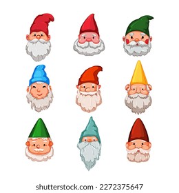 garden gnome set cartoon. beard decoration, dwarf happy, cute funny, fantasy hat, figure garden gnome vector illustration