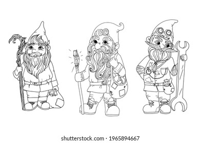 Garden gnome set. Coloring book with gnomes. A magical creature. Vector illustration isolated on white background.