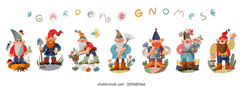 Garden Gnome Set. Schöne kleine Zwerge Statuen Vektorgrafik. Kollektion von Männchen mit Blumen, Wasserkanone, Laterne, Spade, Pilze, Ausrüstung auf weißem Hintergrund.