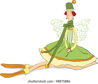 garden gnome sits a girl in a dress, hat, scarf and boots
