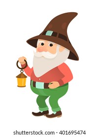 garden gnome with a small oil lamp, dwarf, figurine or cartoon character, isolated
