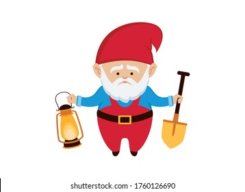 Garden gnome with spade and lantern icon vector. Garden gnome icon isolated on a white background. Dwarf with red cap vector. Cute gnome cartoon character