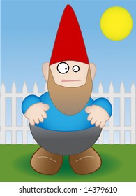 Garden Gnome standing by white fence on sunny day - Vector