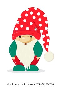 Garden gnome statue. Dwarf vector. Christmas, Santa's fairy helper illustration. Gnome with beard in cartoon style. Leprechaun character in red hat.
