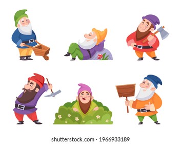 Garden gnome. Street decoration fairytale dwarf in various poses exact vector fantasy characters