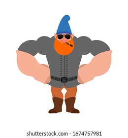 Garden gnome Strong Cool serious. Dwarf strict. Vector illustration