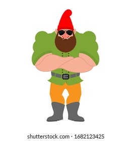 Garden gnome Strong Cool serious. Dwarf strict. Vector illustration