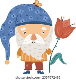 Garden gnome with tulip. Cute tiny old man with beard