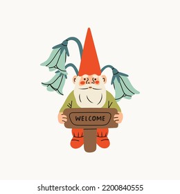 Garden gnome with welcome sign and flowers. Hand drawn modern Vector isolated illustration. Poster, card, print, design template. Cute fairy tale character. Garden elf. Cartoon style