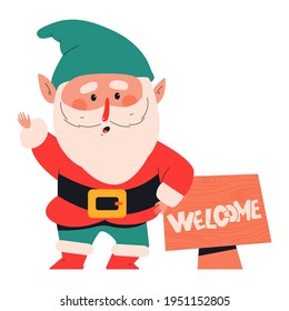 Garden gnome with welcome wood sign vector cartoon illustration isolated on a white background.