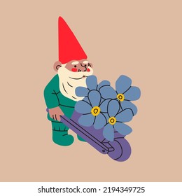 Garden gnome with wheelbarrow and flowers. Hand drawn modern Vector isolated illustration. Poster, card, print, design template. Cute fairy tale character. Garden elf. Cartoon style