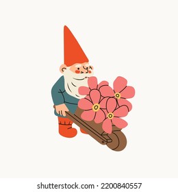 Garden gnome with wheelbarrow and flowers. Hand drawn modern Vector isolated illustration. Poster, card, print, design template. Cute fairy tale character. Garden elf. Cartoon style