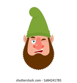 Garden gnome winks. dwarf happy emoji. Vector illustration