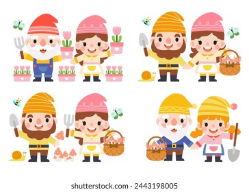 Garden Gnome and Woman cartoon, Gardening and Spring, Garden tools and decor collection