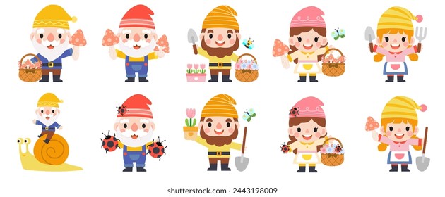 Garden Gnome and Woman cartoon, Gardening and Spring, Garden tools and decor collection