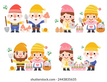 Garden Gnome and Woman cartoon, Gardening and Spring, Garden tools and decor collection