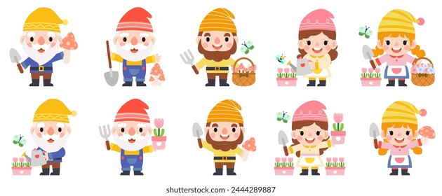 Garden Gnome and Woman cartoon, Gardening and Spring, Garden tools and decor collection