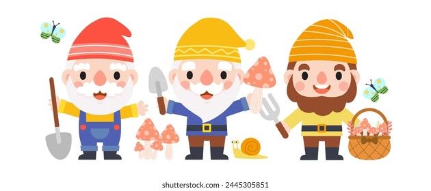 Garden Gnome and Woman cartoon, Gardening and Spring, Garden tools and decor collection