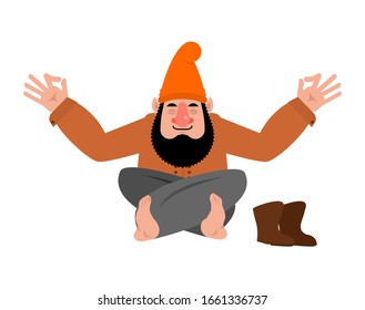 Garden gnome yoga. dwarf yogi isolated. Relaxation and meditation. Vector illustration