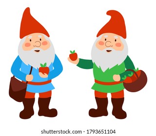 Garden gnomes with apples in their hands. Apple picking. Isolated on a white background. Cartoon style. Vector illustration.