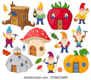 Garden gnomes characters and cute cartoon fairytale houses. Magic world gnomes mushroom and pumpkin houses vector illustration set. Fairytale characters and elements. Character fairytale, garden gnome