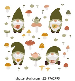 Garden gnomes and cups  Tea time  Hand drawn mushrooms  Fairy tale cartoon characters  Vector illustration 