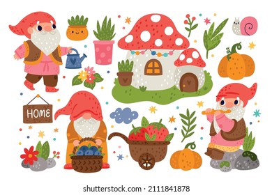 Garden gnomes. Cute dwarfs characters. Magical little men and mushroom home. Cartoon gardening tools and elements. Funny decor. Fairytale elves with harvest. Vector