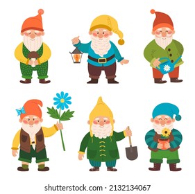 Garden gnomes. Cute gnomes with lantern, watering can, shovel, mushrooms and flowers. Сartoon  happy fairy tale gnomes vector set. 