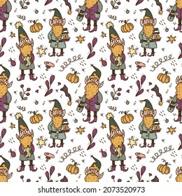 Garden gnomes doodle seamless pattern. Cute gnomes with beard funny garden decoration, dwarfs with lantern, watering can, pumkins, leaves. Cartoon character for children textile and scrapbooking.