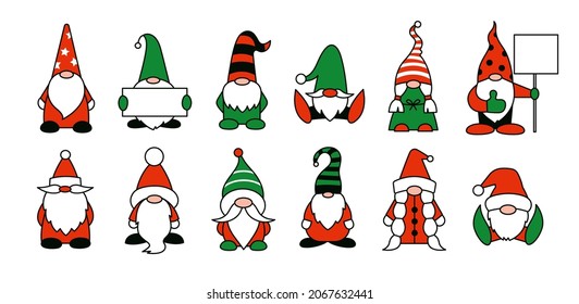 Garden gnomes or dwarfs cartoon isolated illustrations. Gnome holding empty banner, sheet of paper in hands. Boy and girl gnome. Vector magic Christmas characters in red green black and white colors