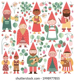 Garden gnomes and elves in funny hats. Modern gnomish small folk society from strawberry fields. Racial, gender and age diverse elf community. Happy gnomish families with kids, men and women.