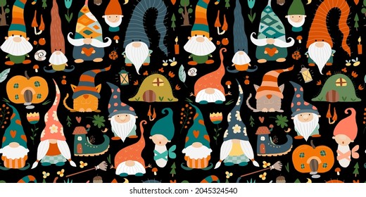 Garden gnomes family. Fairytale characters. Seamless pattern background