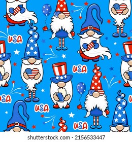 Garden gnomes and fireworks pattern design in USA colors - funny drawing seamless pattern. wallpaper, wrapping paper. Happy Independence Day. Red, white and blue